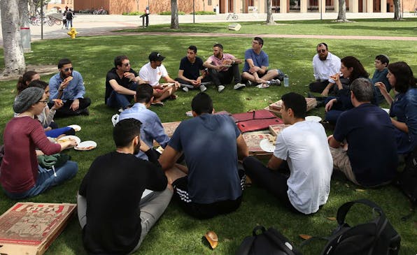 Students at a college Chabad study session. Students at a college Chabad study session. (Chabadoncampus.org)
