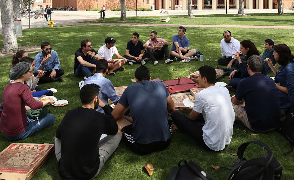 Students at a college Chabad study session. Students at a college Chabad study session. (Chabadoncampus.org)