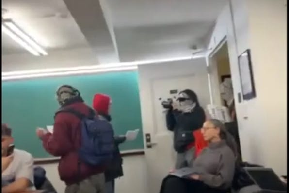 Masked hooligans disrupt Avi Shilon’s class on Israeli history at Columbia, 2025. (Screenshot. Orri Zussman) Masked hooligans disrupt Avi Shilon’s class on Israeli history at Columbia, 2025. (Screenshot. Orri Zussman)
