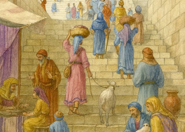 AI image of pilgrims during the Second Temple period AI image of pilgrims during the Second Temple period