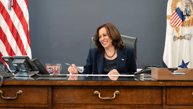 Kamala Harris on the phone with Justin Trudeau