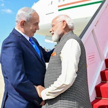 Benjamin Netanyahu greets Narendra Modi, February 2, 2026 (Israel Prime Minister’s Office) Netanyahu-and-Modi