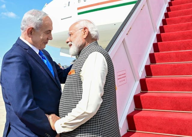 Benjamin Netanyahu greets Narendra Modi, February 2, 2026 (Israel Prime Minister’s Office) Netanyahu-and-Modi