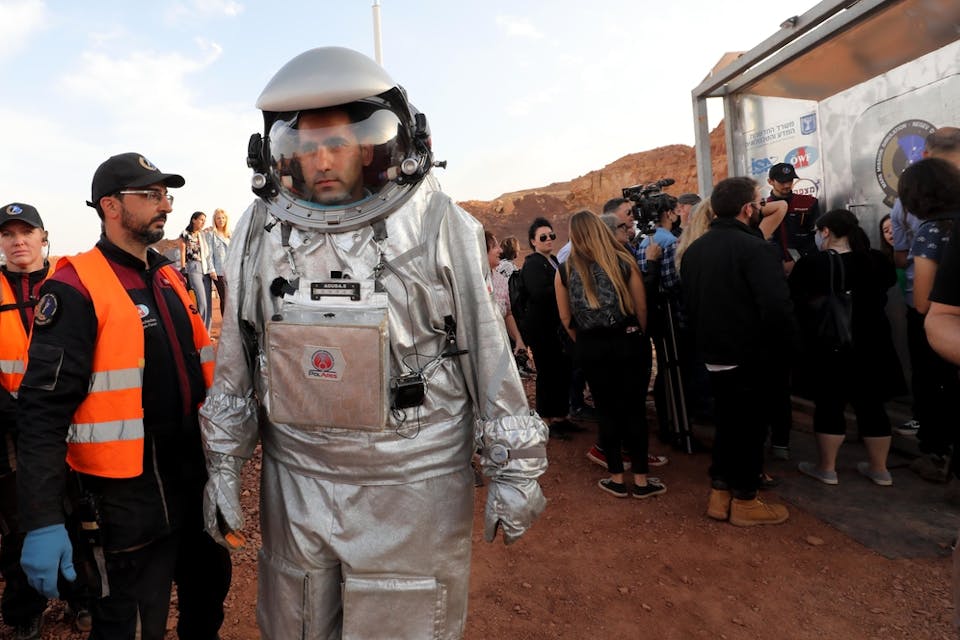 An astronaut during a training mission for a trip to Mars at the Ramon Crater in Mitzpe Ramon in Israel’s southern Negev desert on March 3, 2021 (Shutterstock) An astronaut during a training mission for a trip to Mars at the Ramon Crater in Mitzpe Ramon in Israel’s southern Negev desert on March 3, 2021 (Shutterstock)