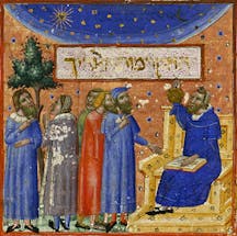 Depiction of Maimonides teaching students about the 'measure of man' in an illuminated manuscript (Wikimedia Commons)