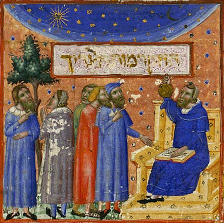 Depiction of Maimonides teaching students about the 'measure of man' in an illuminated manuscript (Wikimedia Commons)