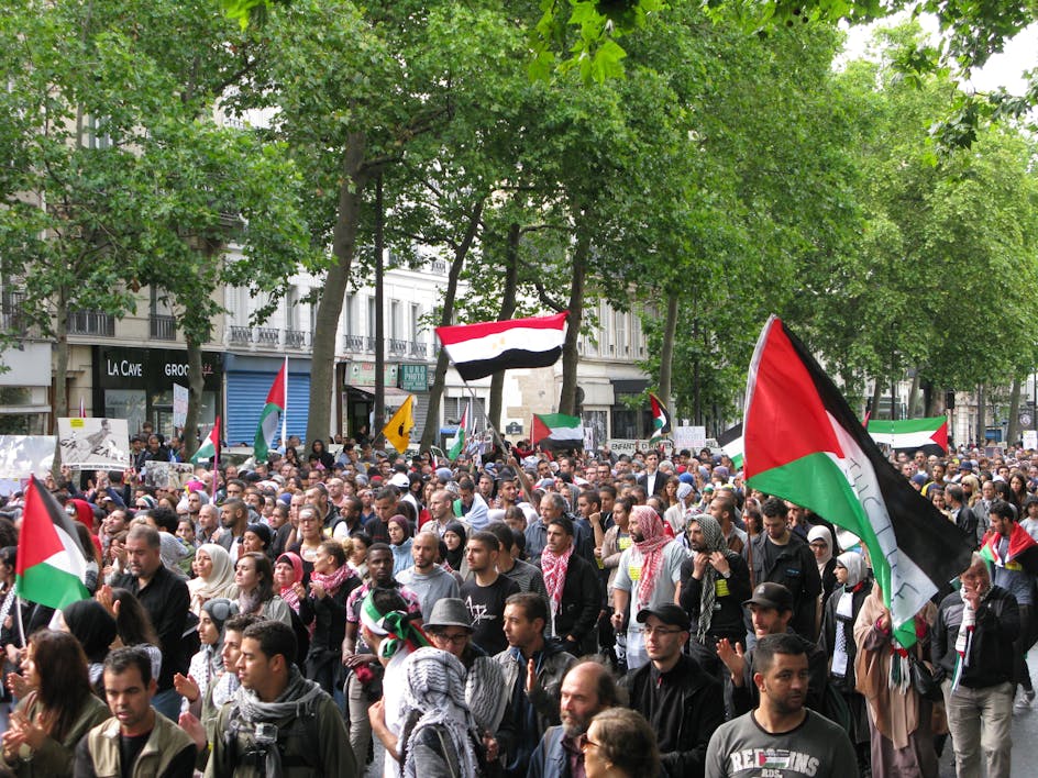 Demonstration against operation Protective Edge launched by Israeli army in the Gaza Strip, 13 July 2014, Beaumarchais boulevard in Paris. (Jiel, Wikimedia Commons)