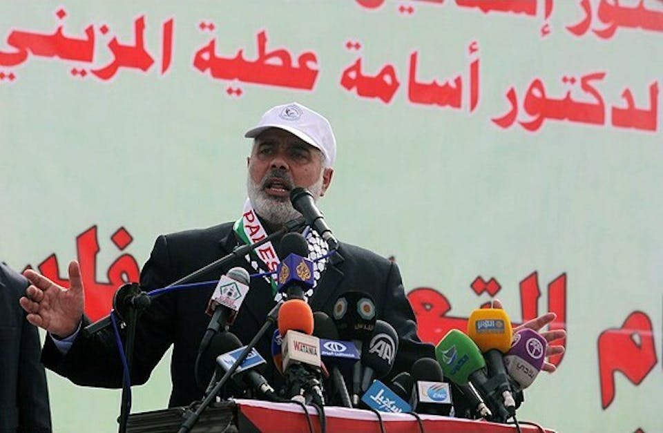 Ismail Haniyeh at Exercise of Izz ad-Din al-Qassam Brigades in Gaza City, 2013 (Hadi Mohammad, Wikimedia Commons)