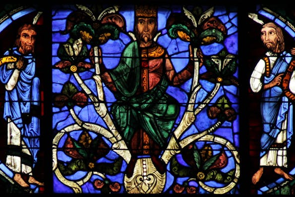 *A section of the Tree of Jesse window at Chartres Cathedral depicting Ezekiel, David, and Hosea.*  (Micheletb, Wikimedia Commons)