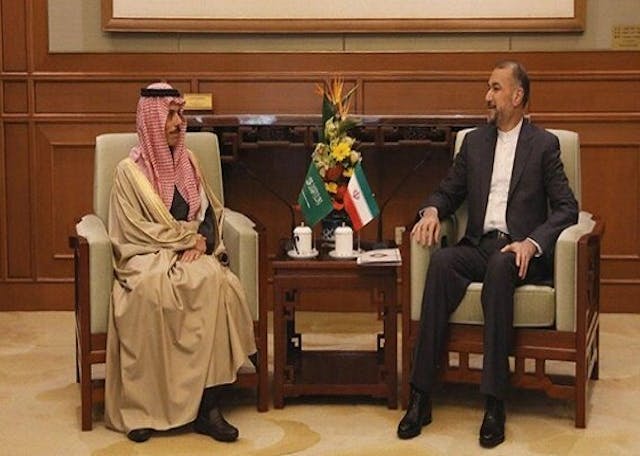 Iranian Foreign Minister Hossein Amir-Abdollahian and his Saudi counterpart, Prince Faisal bin Farhan Al Saud, met in China a month after the two countries agreed to restore diplomatic relations under a China-brokered deal, April 2023 (Mehr News Agency, Wikimedia Commons) Iranian Foreign Minister Hossein Amir-Abdollahian and his Saudi counterpart, Prince Faisal bin Farhan Al Saud, met in China a month after the two countries agreed to restore diplomatic relations under a China-brokered deal, April 2023 (Mehr News Agency, Wikimedia Commons)