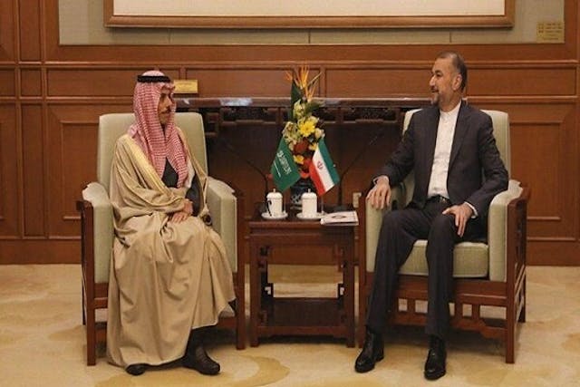 Iranian Foreign Minister Hossein Amir-Abdollahian and his Saudi counterpart, Prince Faisal bin Farhan Al Saud, met in China a month after the two countries agreed to restore diplomatic relations under a China-brokered deal, April 2023 (Mehr News Agency, Wikimedia Commons)