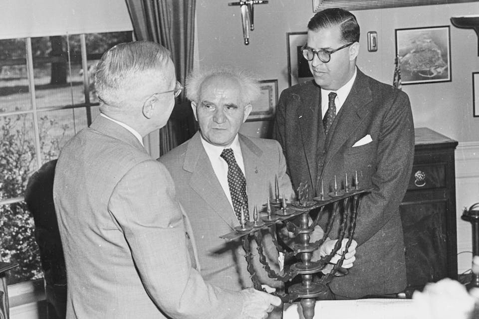 David Ben-Gurion and Abba Eban present a menorah to President Harry S. Truman (left) at the White House, 1951 (Wikimedia Commons) David Ben-Gurion and Abba Eban present a menorah to President Harry S. Truman (left) at the White House, 1951 (Wikimedia Commons)