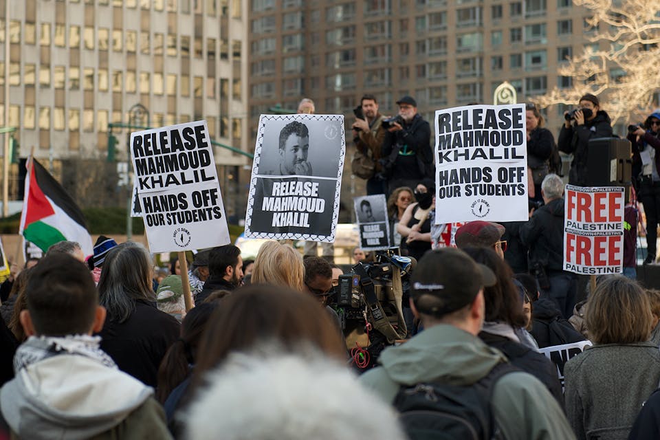 Protests in Thomas Paine Park against the detention of Mahmoud Khalil (SWinxy, Wikimedia Commons)