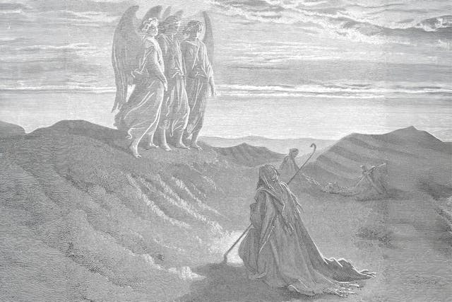 *Abraham and the Three Angels* by Gustave Doré, enhanced with Photoshop AI (Wikimedia Commons)