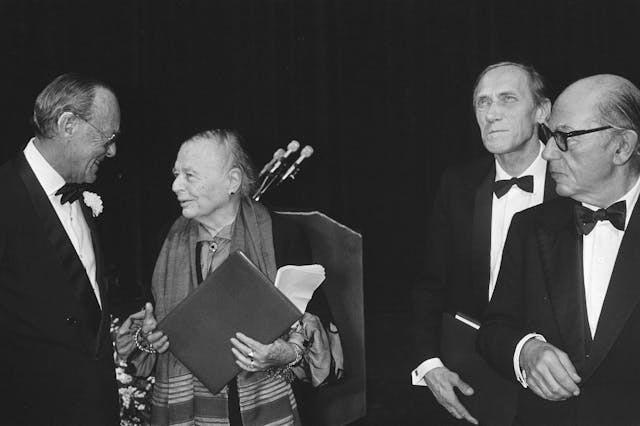 Left to right: Prince Bernhard, Marguérite Yourcenar, Leszek Kolakovski and Isaiah Berlin. Erasmus Prize, Amsterdam, 27 October 1983 (Wikimedia Commons)