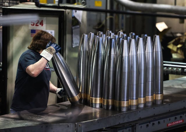 A Pennsylvania army factory makes shells for Ukraine, 2024. (Charly Triballeau/AFP via Getty Images) A Pennsylvania army factory makes shells for Ukraine, 2024. (Charly Triballeau/AFP via Getty Images)