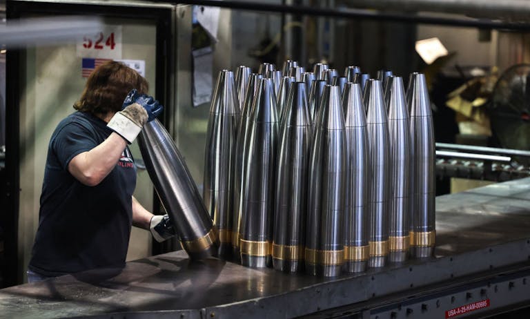 A Pennsylvania army factory makes shells for Ukraine, 2024. (Charly Triballeau/AFP via Getty Images) A Pennsylvania army factory makes shells for Ukraine, 2024. (Charly Triballeau/AFP via Getty Images)