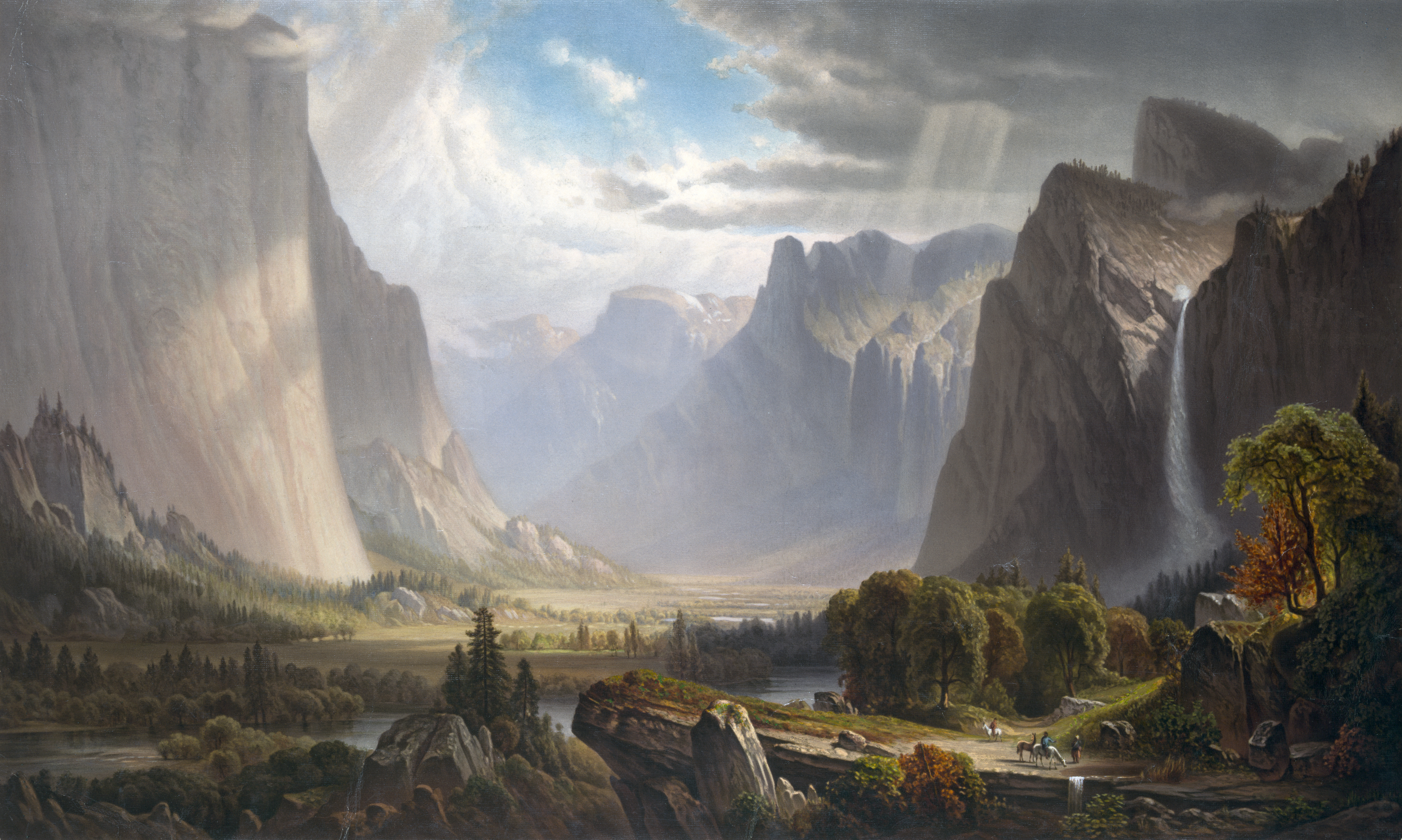 Yosemite Valley with Bridal Falls and Half-Dome in the Distance, chromolithograph after a painting by Thomas Hill, c. 1860. (Photo by VCG Wilson/Corbis via Getty Images)