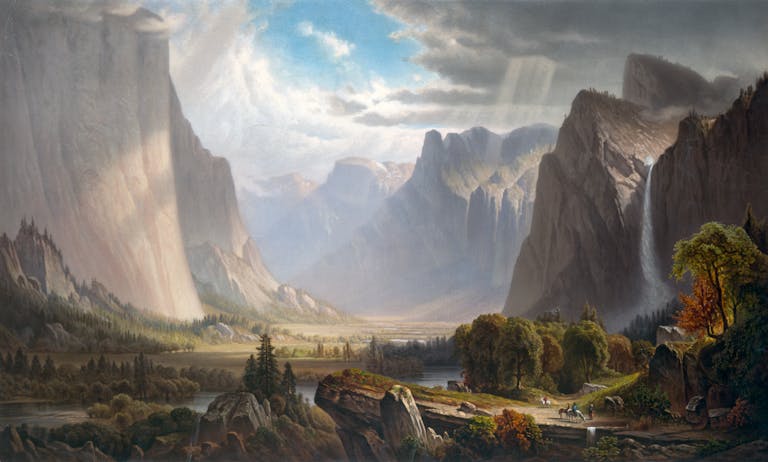 Yosemite Valley with Bridal Falls and Half-Dome in the Distance, chromolithograph after a painting by Thomas Hill, c. 1860. (Photo by VCG Wilson/Corbis via Getty Images) Yosemite Valley with Bridal Falls and Half-Dome in the Distance, chromolithograph after a painting by Thomas Hill, c. 1860. (Photo by VCG Wilson/Corbis via Getty Images)