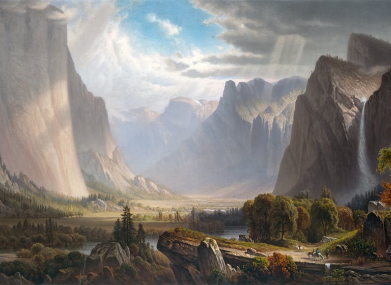 Yosemite Valley with Bridal Falls and Half-Dome in the Distance, chromolithograph after a painting by Thomas Hill, c. 1860. (Photo by VCG Wilson/Corbis via Getty Images) Yosemite Valley with Bridal Falls and Half-Dome in the Distance, chromolithograph after a painting by Thomas Hill, c. 1860. (Photo by VCG Wilson/Corbis via Getty Images)