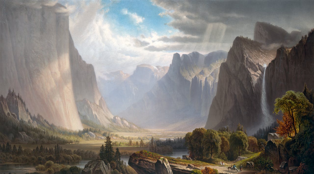 Yosemite Valley with Bridal Falls and Half-Dome in the Distance, chromolithograph after a painting by Thomas Hill, c. 1860. (Photo by VCG Wilson/Corbis via Getty Images) Yosemite Valley with Bridal Falls and Half-Dome in the Distance, chromolithograph after a painting by Thomas Hill, c. 1860. (Photo by VCG Wilson/Corbis via Getty Images)