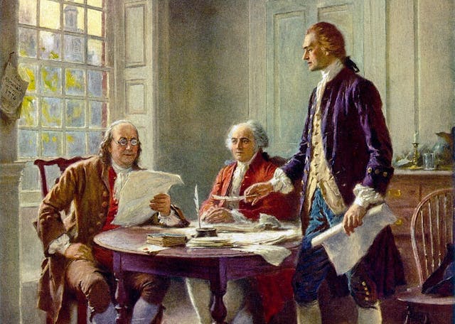 Jefferson, Franklin and Adams Drafting the Declaration — Jean Leon Gerome Ferris, USA.