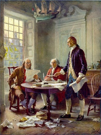 Jefferson, Franklin and Adams Drafting the Declaration — Jean Leon Gerome Ferris, USA.