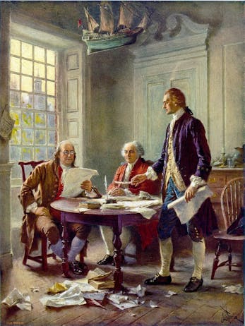 Jefferson, Franklin and Adams Drafting the Declaration — Jean Leon Gerome Ferris, USA.