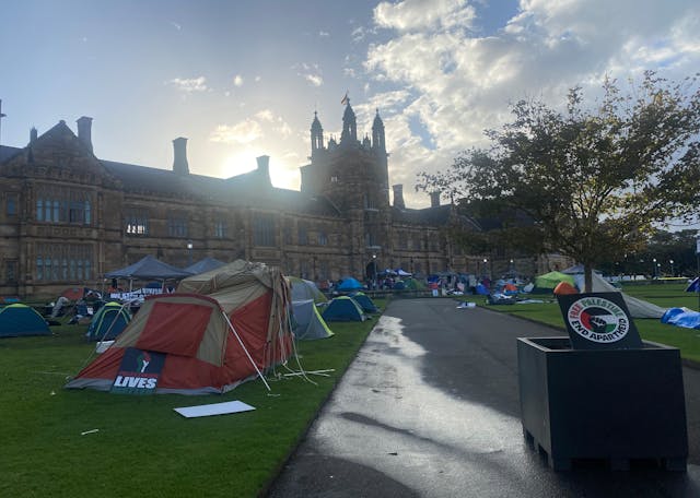 Pro-Palestine encampment at the University of Sydney campus Pro-Palestine encampment at the University of Sydney campus