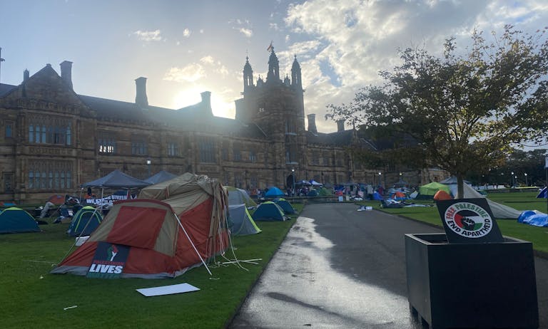 Pro-Palestine encampment at the University of Sydney campus Pro-Palestine encampment at the University of Sydney campus