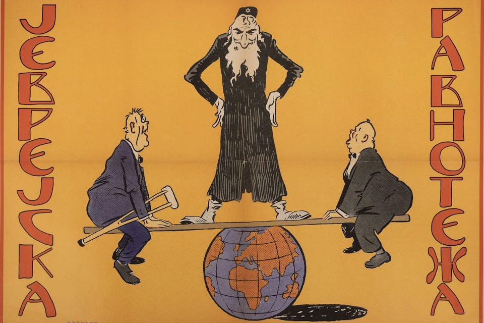 Anti-Semitic propaganda poster showing Franklin D. Roosevelt and Winston Churchill sitting on a seesaw balanced on a globe, controlled by an Orthodox Jew. "Jewish Balance." Anti-Semitic propaganda poster showing Franklin D. Roosevelt and Winston Churchill sitting on a seesaw balanced on a globe, controlled by an Orthodox Jew. "Jewish Balance."