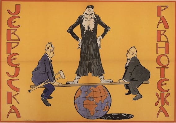 Anti-Semitic propaganda poster showing Franklin D. Roosevelt and Winston Churchill sitting on a seesaw balanced on a globe, controlled by an Orthodox Jew. "Jewish Balance."