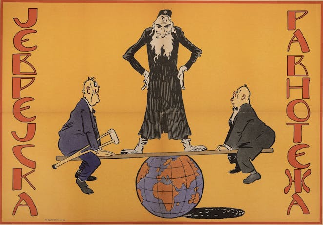 Anti-Semitic propaganda poster showing Franklin D. Roosevelt and Winston Churchill sitting on a seesaw balanced on a globe, controlled by an Orthodox Jew. "Jewish Balance."