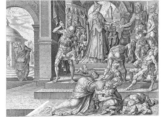 Ataliah, hearing that her son King Ahaziah had died, orders all the king's children to be killed so that she can become queen. Soldiers kill the children on the stairs. (Shutterstock) Ataliah, hearing that her son King Ahaziah had died, orders all the king's children to be killed so that she can become queen. Soldiers kill the children on the stairs. (Shutterstock)