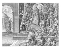 Ataliah, hearing that her son King Ahaziah had died, orders all the king's children to be killed so that she can become queen. Soldiers kill the children on the stairs. (Shutterstock)