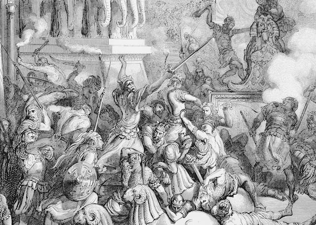Jonathan Destroys the Temple of Dagon - Picture from The Holy Scriptures, Old and New Testaments books collection published in 1885, Stuttgart-Germany. Drawings by Gustave Dore. (Shutterstock) Jonathan Destroys the Temple of Dagon - Picture from The Holy Scriptures, Old and New Testaments books collection published in 1885, Stuttgart-Germany. Drawings by Gustave Dore. (Shutterstock)