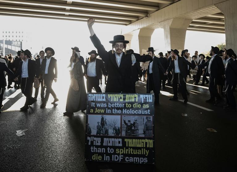 Anti-enlistment protest, Bnei Brak, August 24, 2026. (Mostafa Alkharouf/Anadolu via Getty Images) Anti-enlistment protest, Bnei Brak, August 24, 2026. (Mostafa Alkharouf/Anadolu via Getty Images)
