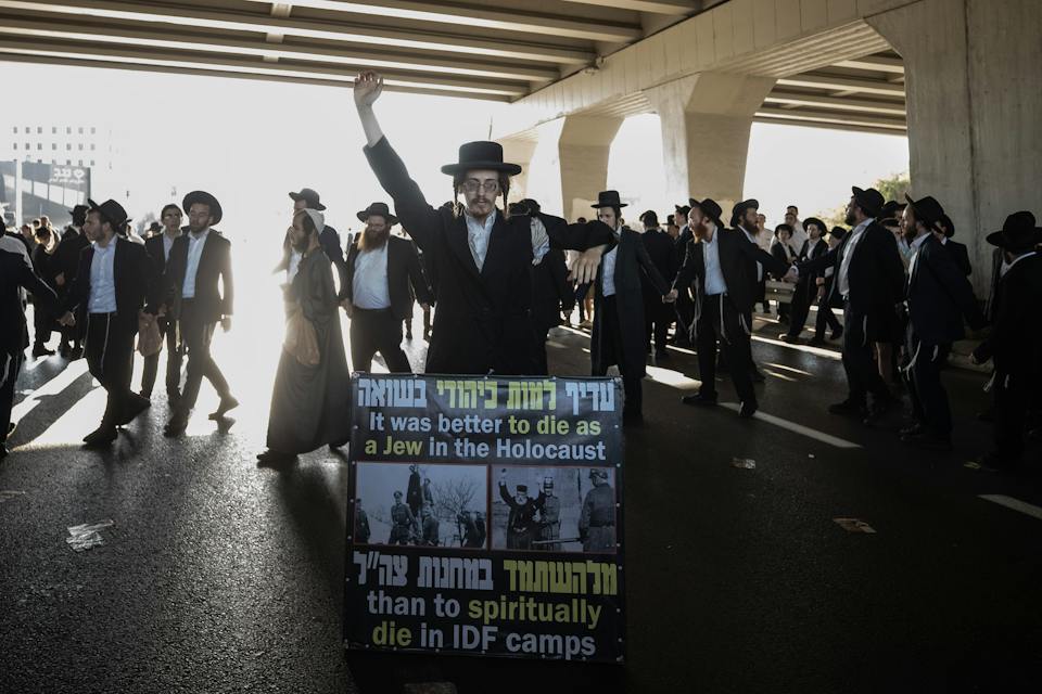 Anti-enlistment protest, Bnei Brak, August 24, 2026. (Mostafa Alkharouf/Anadolu via Getty Images) Anti-enlistment protest, Bnei Brak, August 24, 2026. (Mostafa Alkharouf/Anadolu via Getty Images)