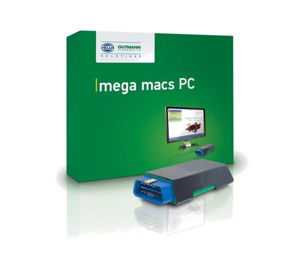 Hella MEGA MACS PC met groene verpakkingsdoos op de achtergrond