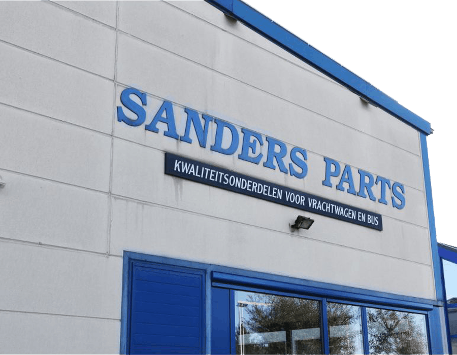 Warehouse Sanders Parts at Lebbeke, with Sanders Parts Logo on the wall