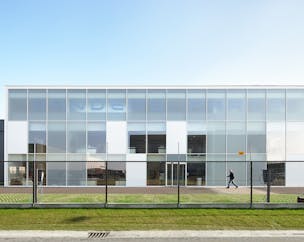 Front view of the current office building and warehouse in Dendermonde