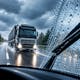 Actieve ruitenwisser op een beregende voorruit met een vrachtwagen op een natte snelweg tijdens hevige regen.
