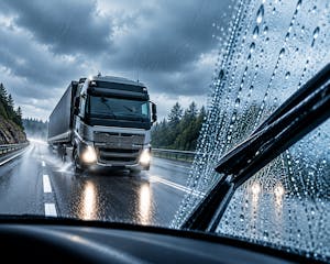 Vrachtwagen rijdt door intensieve regen terwijl een ruitenwisser de met regendruppels bedekte voorruit schoonveegt.