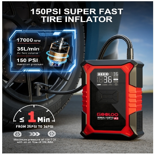 Gooloo A3 Jump-Starter mit Luftkompressor zum Aufpumpen von Auto- und Fahrradreifen