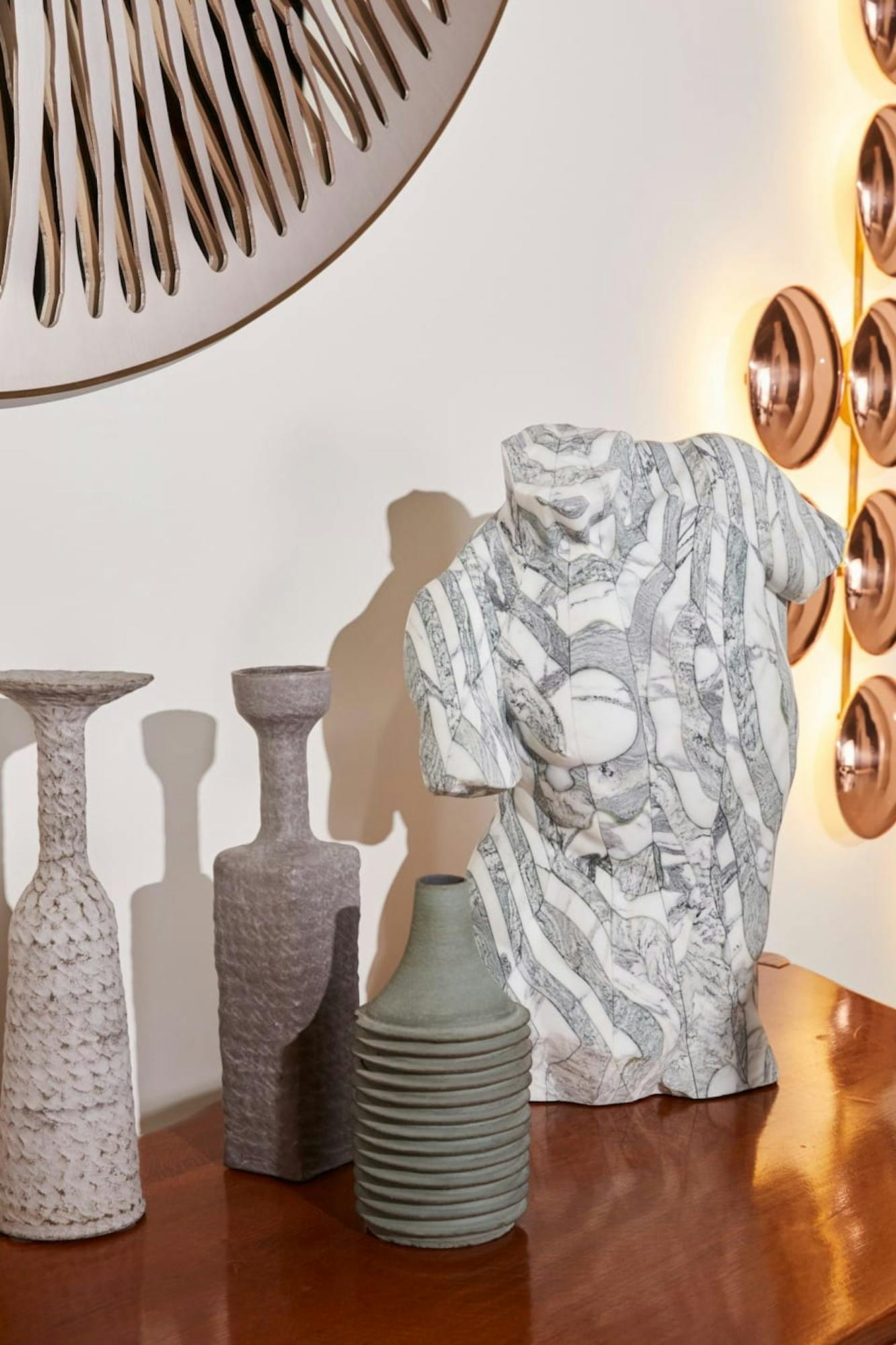 Ingrao Inc, coup de foudre, custom marble bust and a trio of vessels
