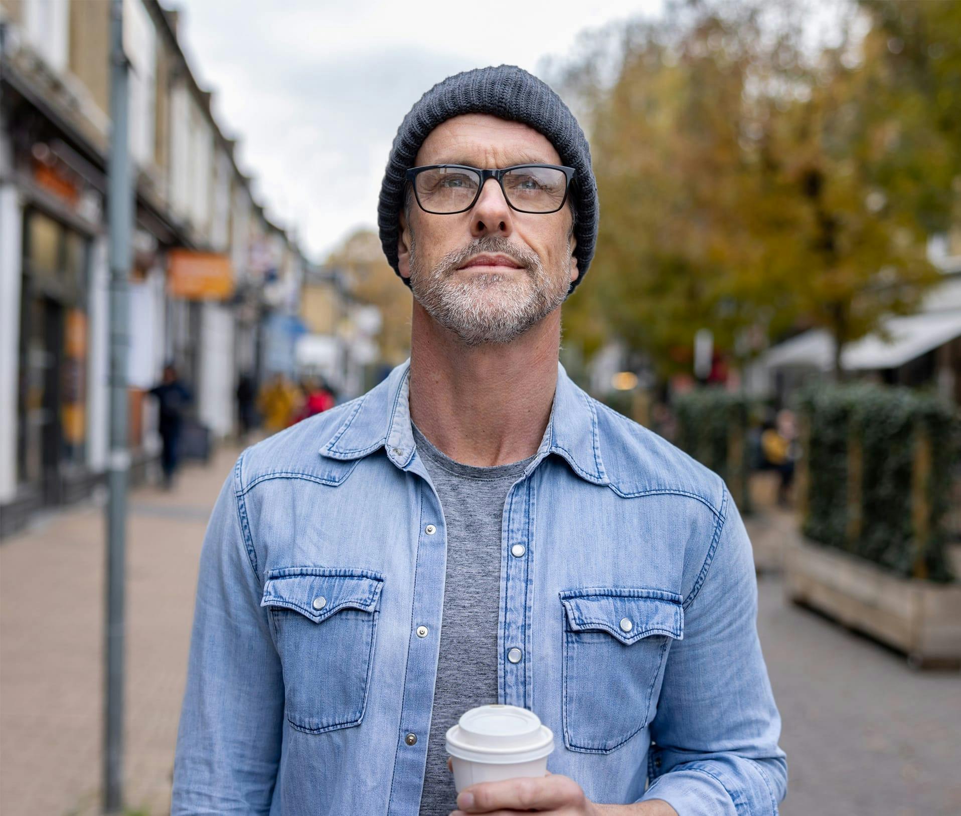 man with glasses, hat, coffee, beard