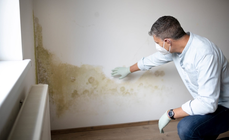 man inspecting mold on a wall