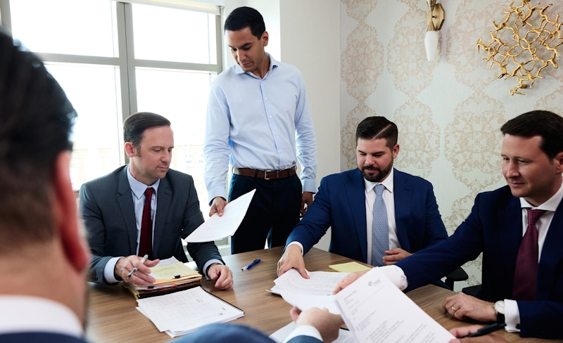 attorneys sitting around a table looking at paperwork