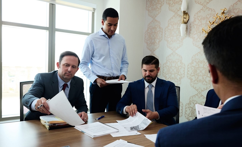 men sitting and looking at papers with one another