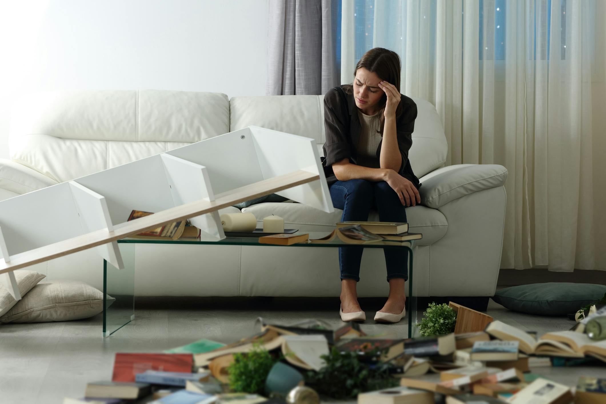 Woman sitting on a couch upset